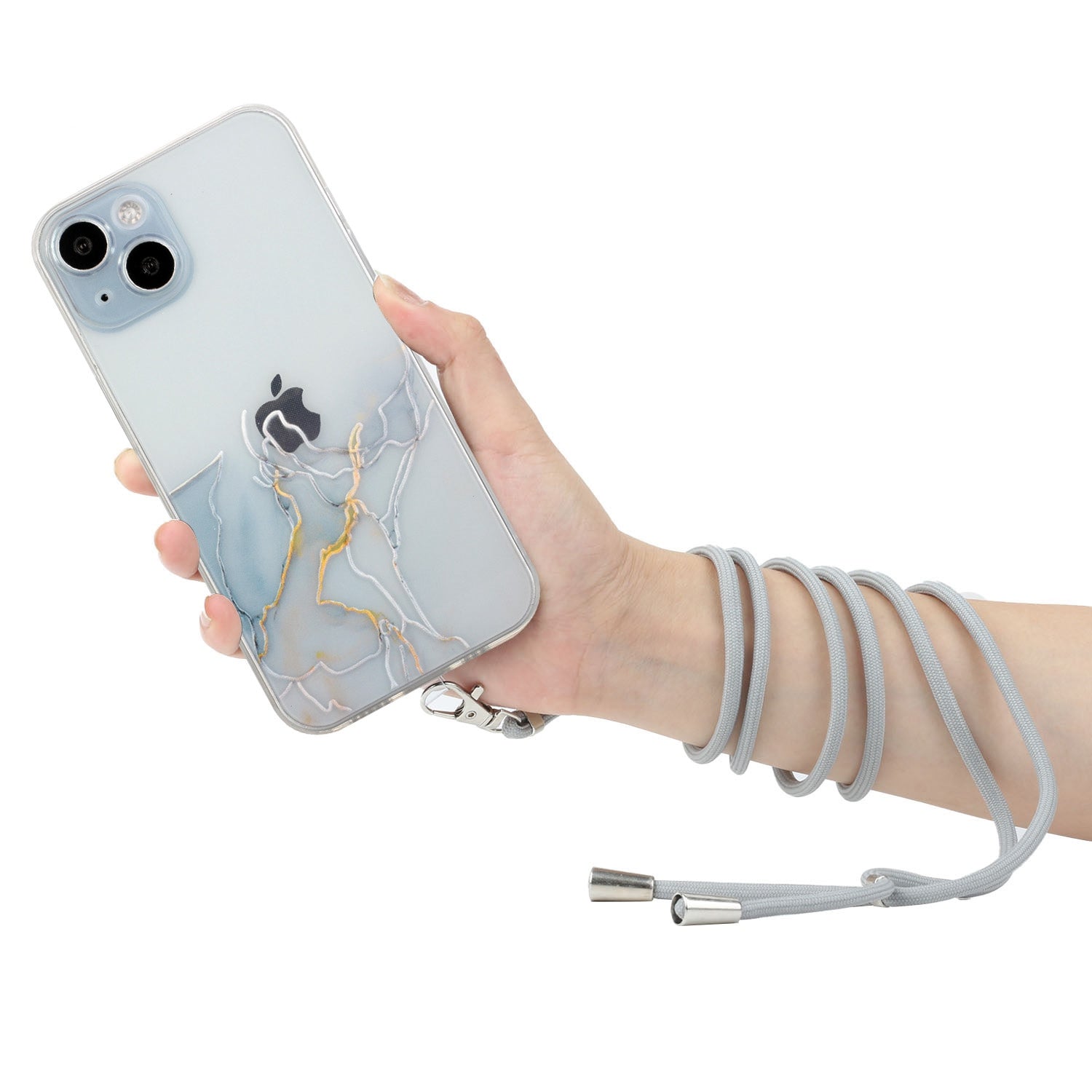 Soft TPU Phone Case for iPhone 15 Marble Pattern Embossed Anti-Scratch Phone Cover with Lanyard - Grey