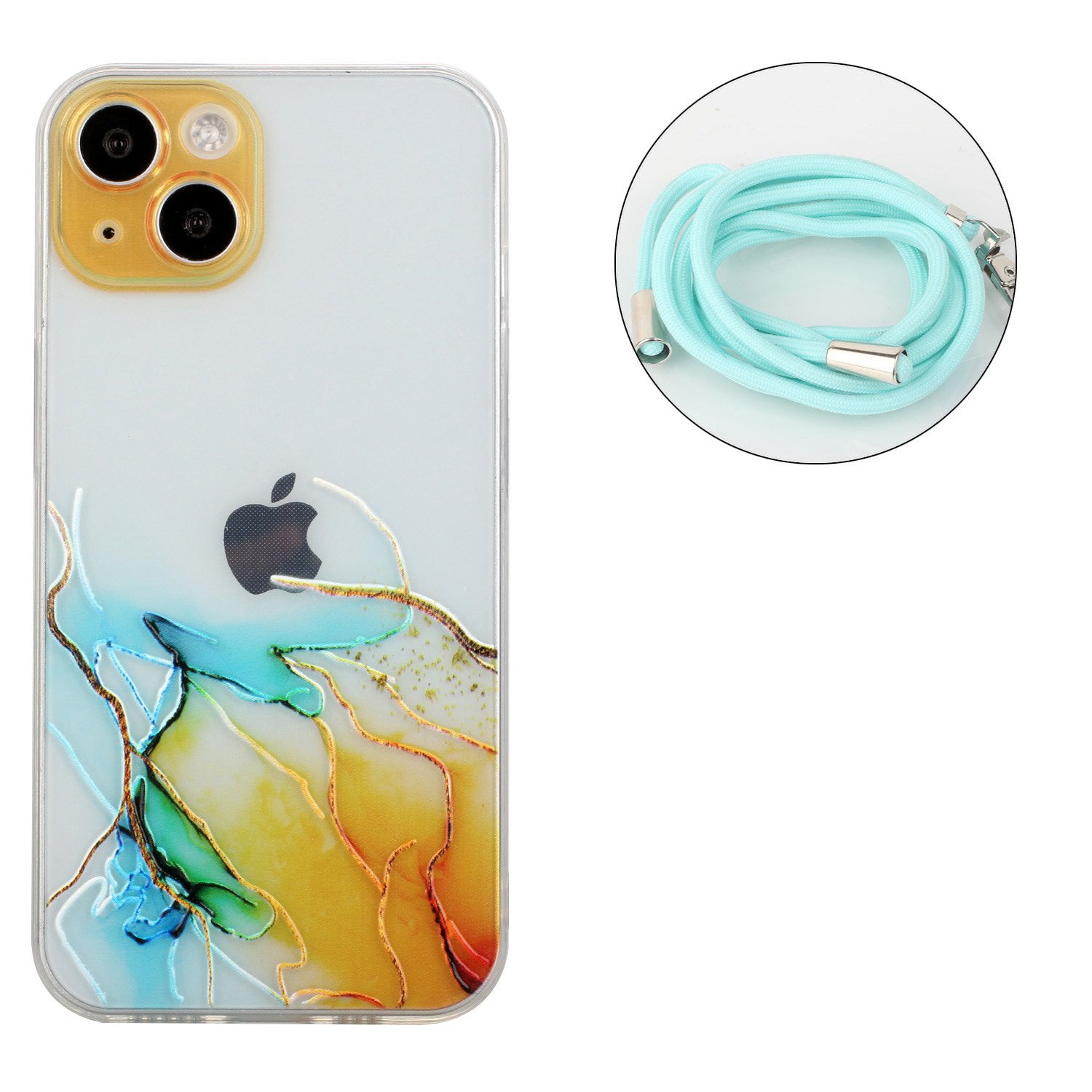 Soft TPU Phone Case for iPhone 15 Marble Pattern Embossed Anti-Scratch Phone Cover with Lanyard - Yellow