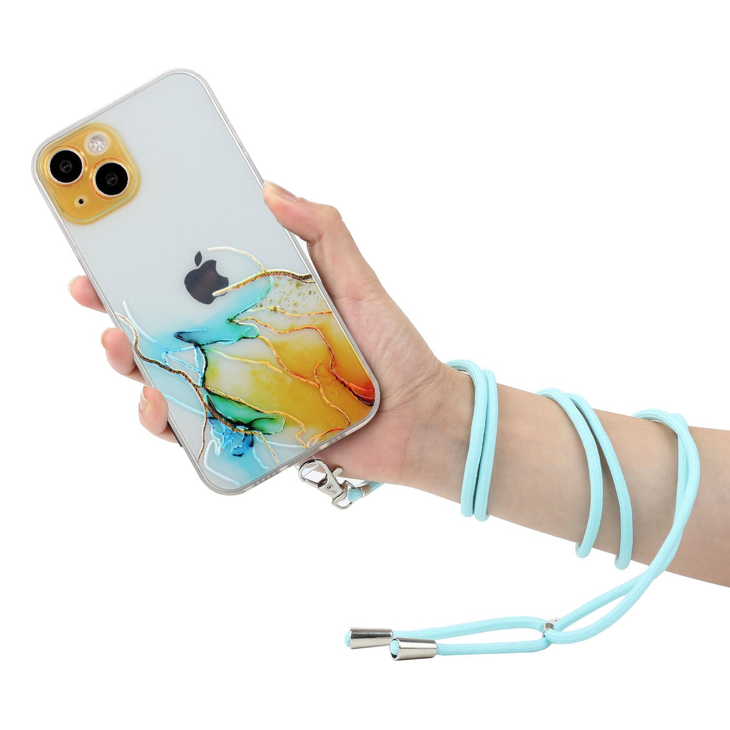Soft TPU Phone Case for iPhone 15 Marble Pattern Embossed Anti-Scratch Phone Cover with Lanyard - Yellow