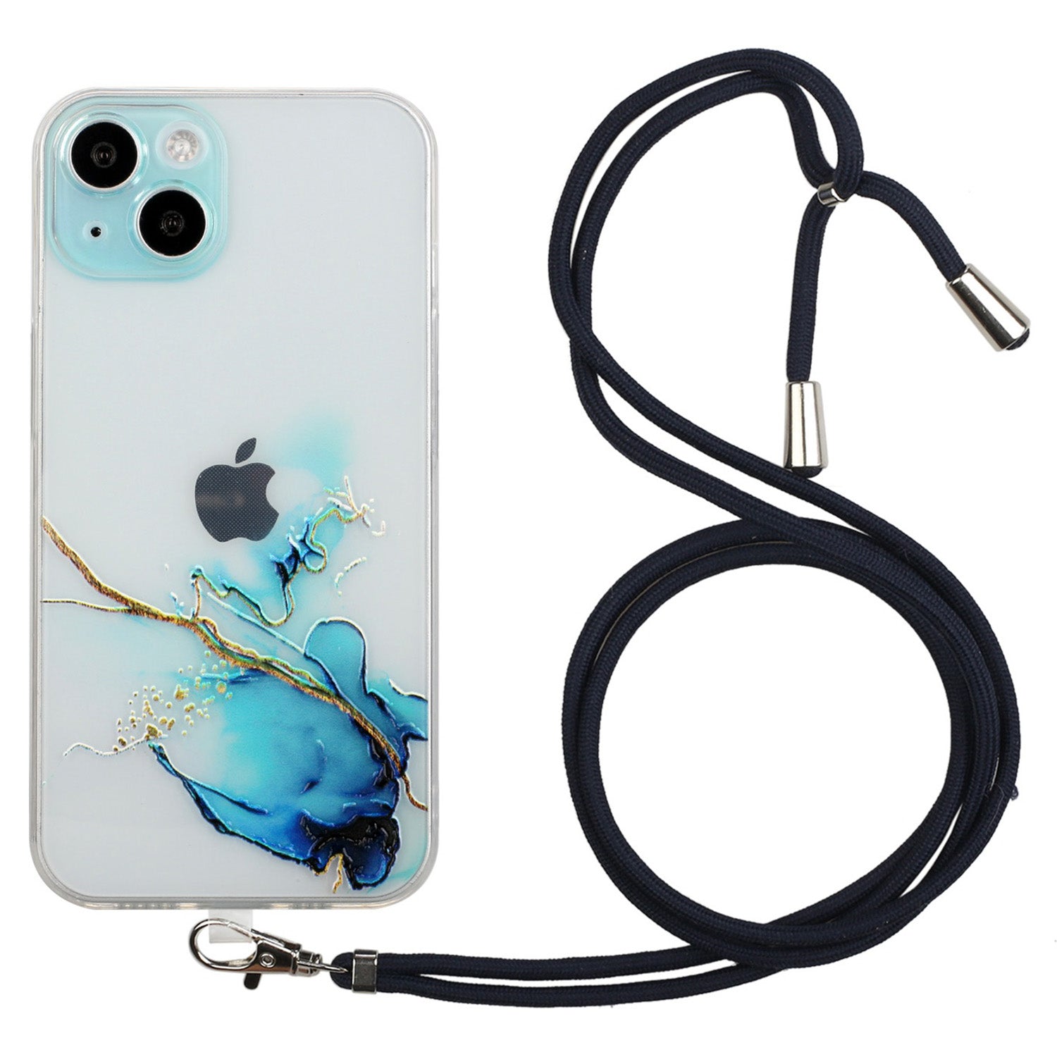 Soft TPU Phone Case for iPhone 15 Marble Pattern Embossed Anti-Scratch Phone Cover with Lanyard - Blue