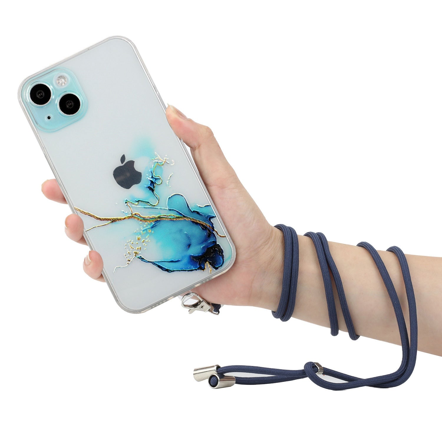 Soft TPU Phone Case for iPhone 15 Marble Pattern Embossed Anti-Scratch Phone Cover with Lanyard - Blue