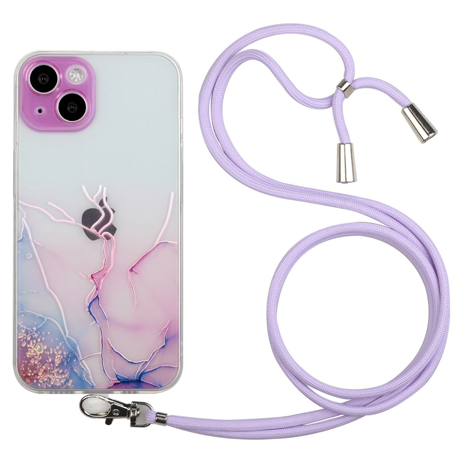 Soft TPU Phone Case for iPhone 15 Marble Pattern Embossed Anti-Scratch Phone Cover with Lanyard - Pink