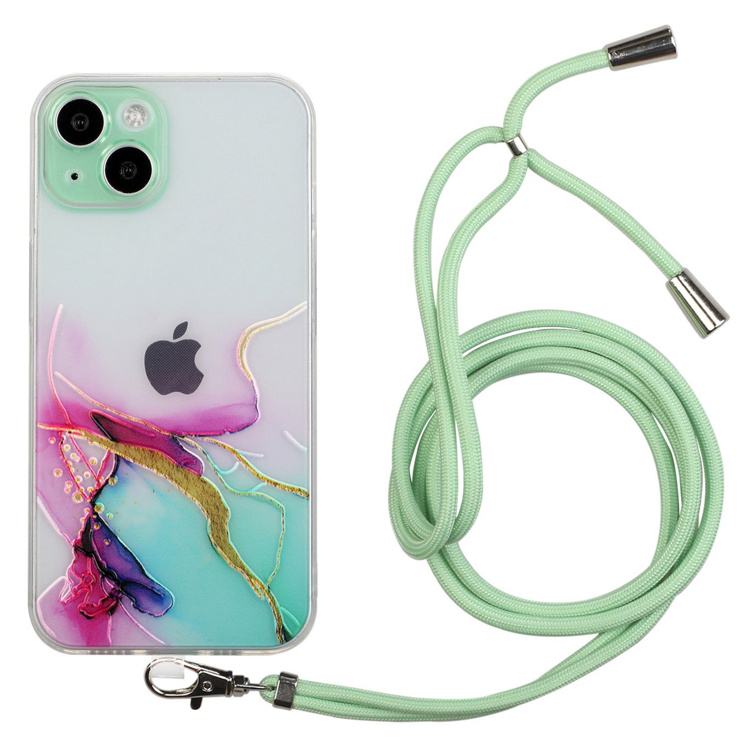 Soft TPU Phone Case for iPhone 15 Marble Pattern Embossed Anti-Scratch Phone Cover with Lanyard - Green