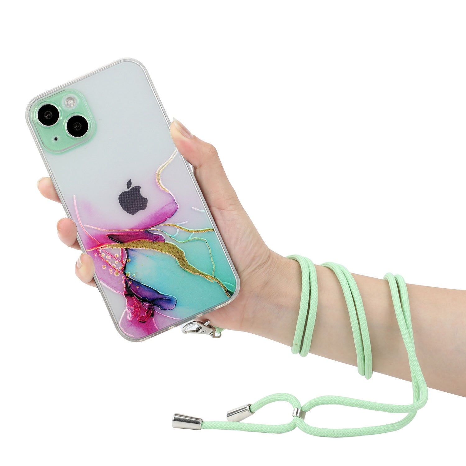 Soft TPU Phone Case for iPhone 15 Marble Pattern Embossed Anti-Scratch Phone Cover with Lanyard - Green