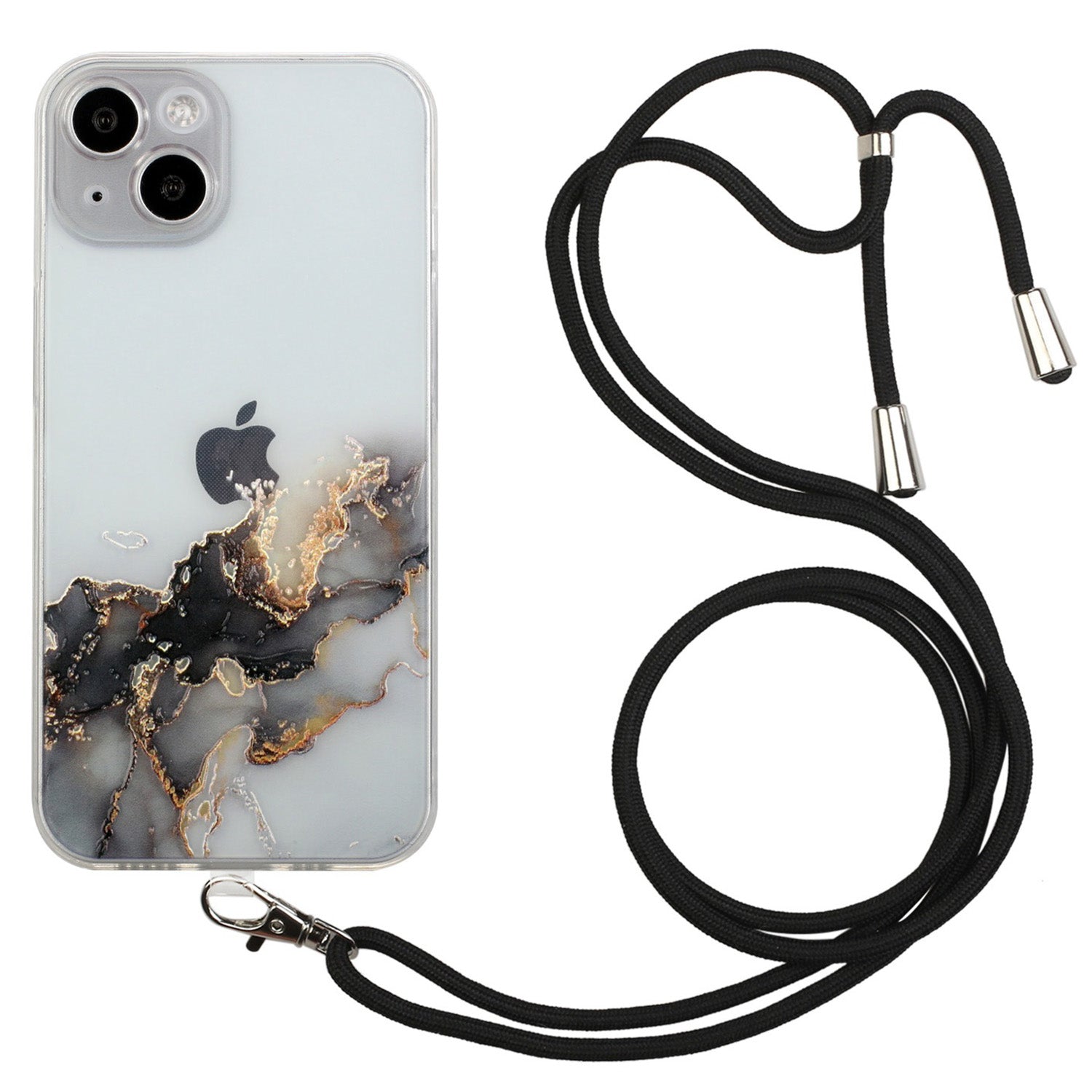 Soft TPU Phone Case for iPhone 15 Marble Pattern Embossed Anti-Scratch Phone Cover with Lanyard - Black