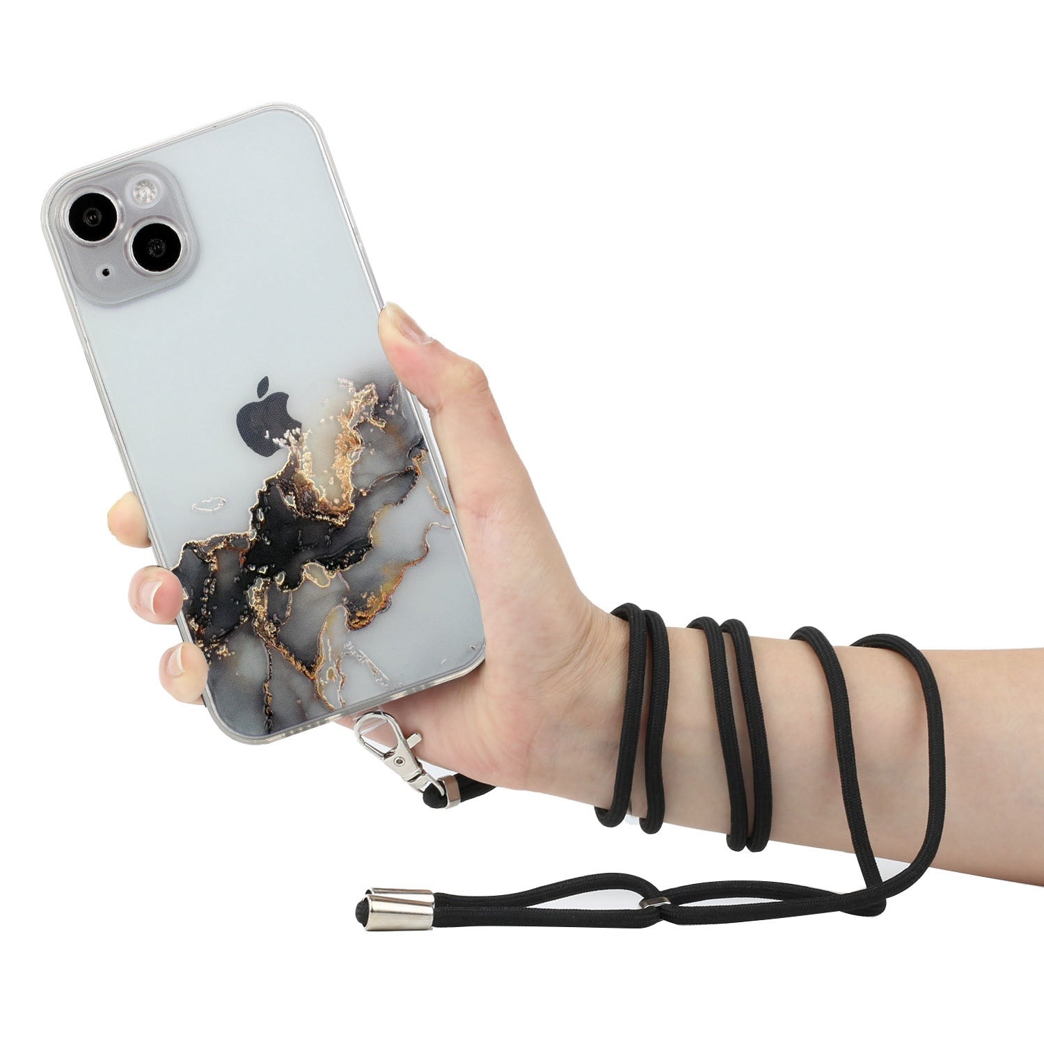 Soft TPU Phone Case for iPhone 15 Marble Pattern Embossed Anti-Scratch Phone Cover with Lanyard - Black