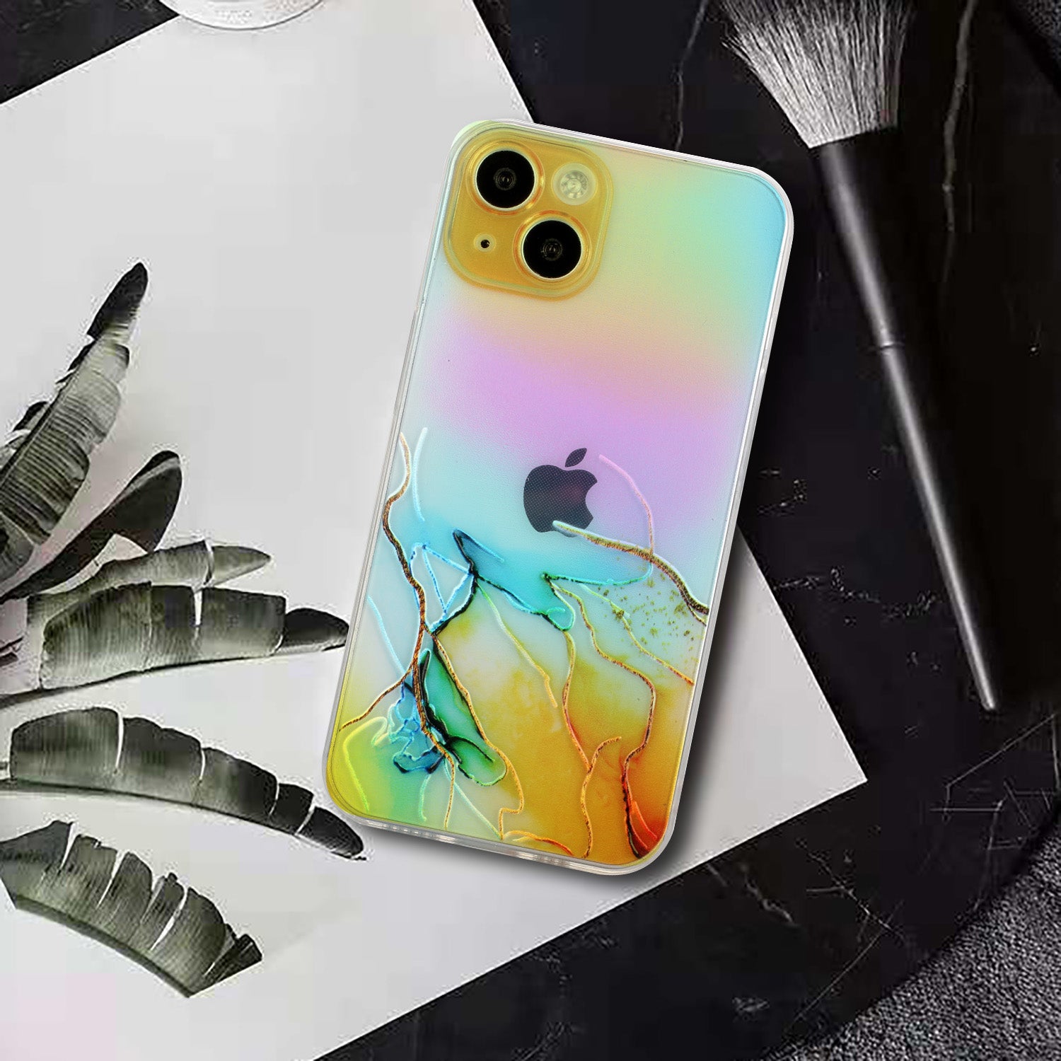 Marble Pattern Embossing TPU Case for iPhone 15 Colorful Laser Shockproof Phone Cover - Yellow