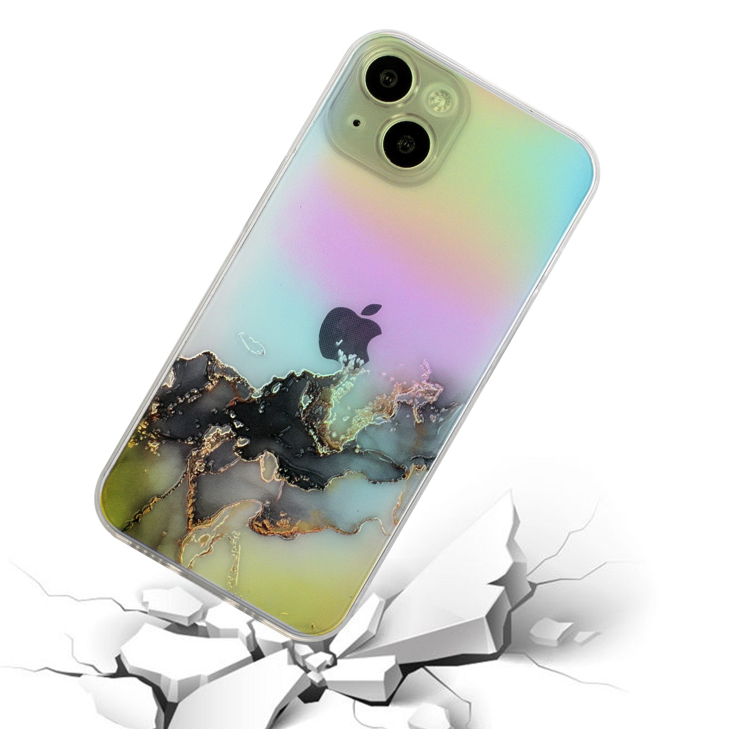 Marble Pattern Embossing TPU Case for iPhone 15 Colorful Laser Shockproof Phone Cover - Black