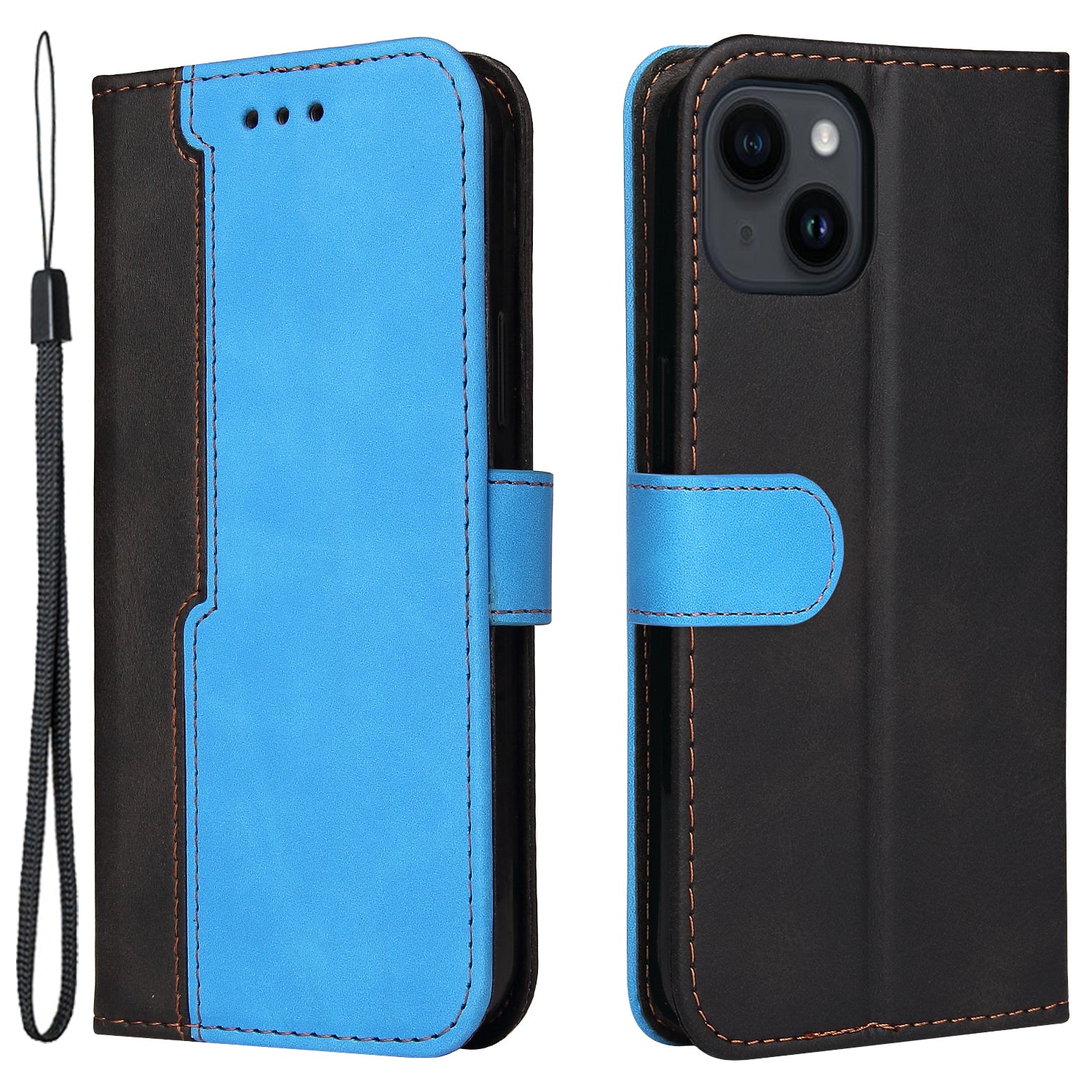 Phone Wallet Cover for iPhone 15 Business Style PU Leather Dual-color Splicing Flip Stand Anti-drop Case - Blue