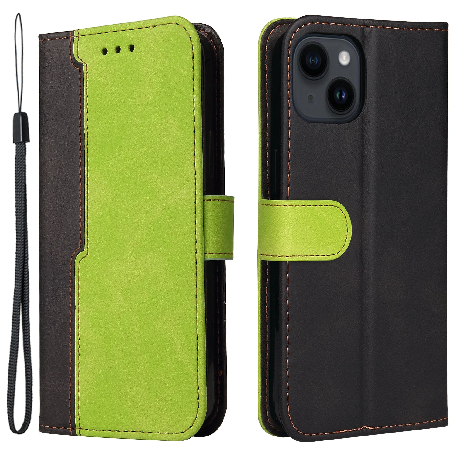 Phone Wallet Cover for iPhone 15 Business Style PU Leather Dual-color Splicing Flip Stand Anti-drop Case - Green