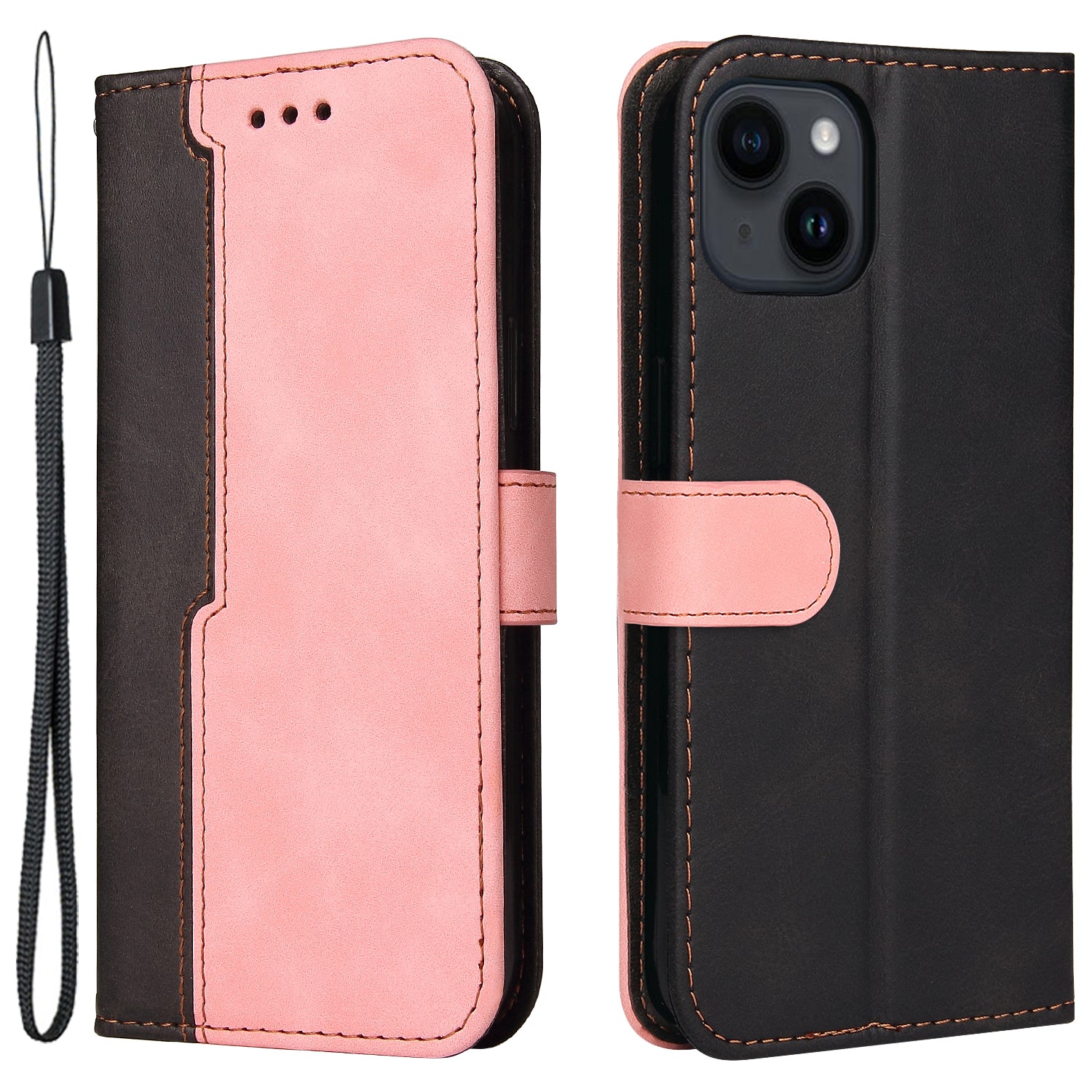 Phone Wallet Cover for iPhone 15 Business Style PU Leather Dual-color Splicing Flip Stand Anti-drop Case - Pink