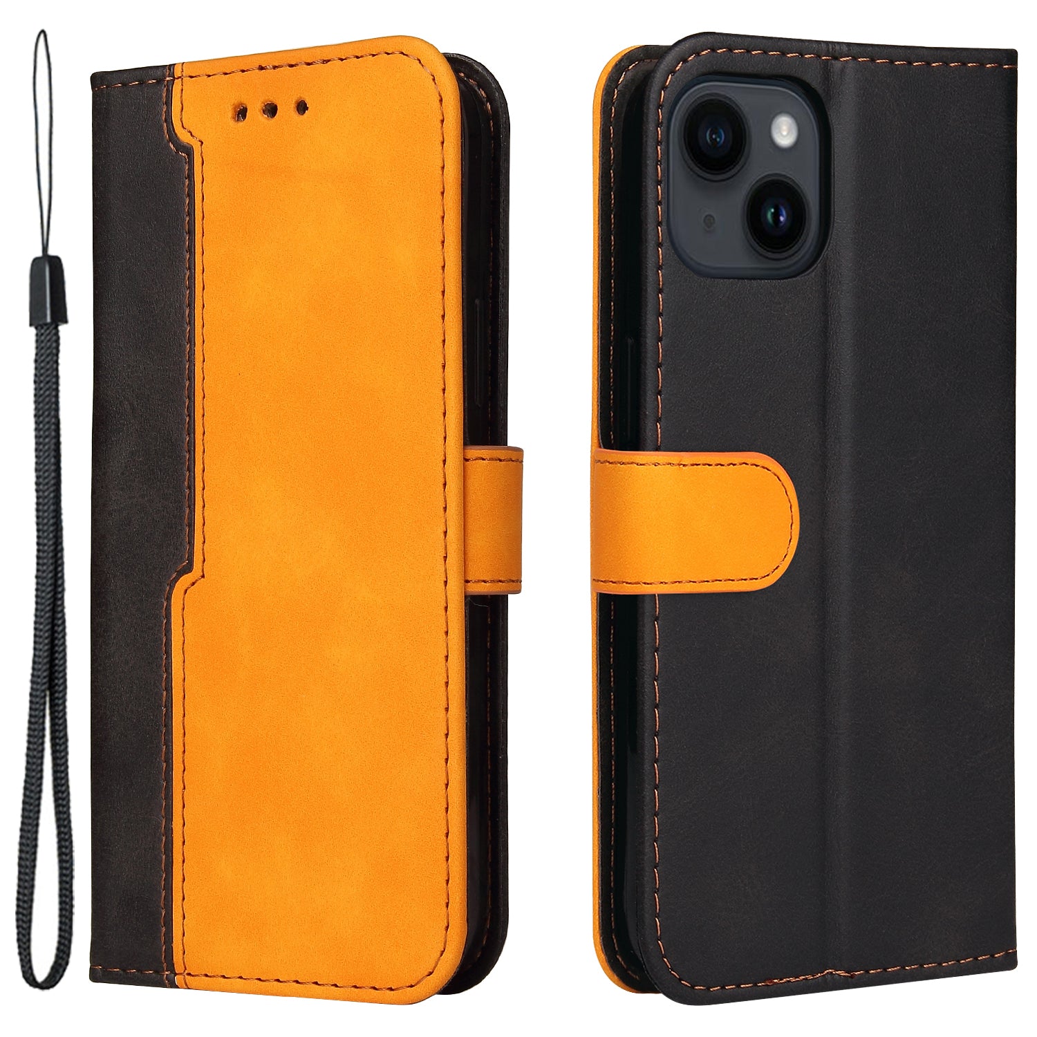 Phone Wallet Cover for iPhone 15 Business Style PU Leather Dual-color Splicing Flip Stand Anti-drop Case - Orange