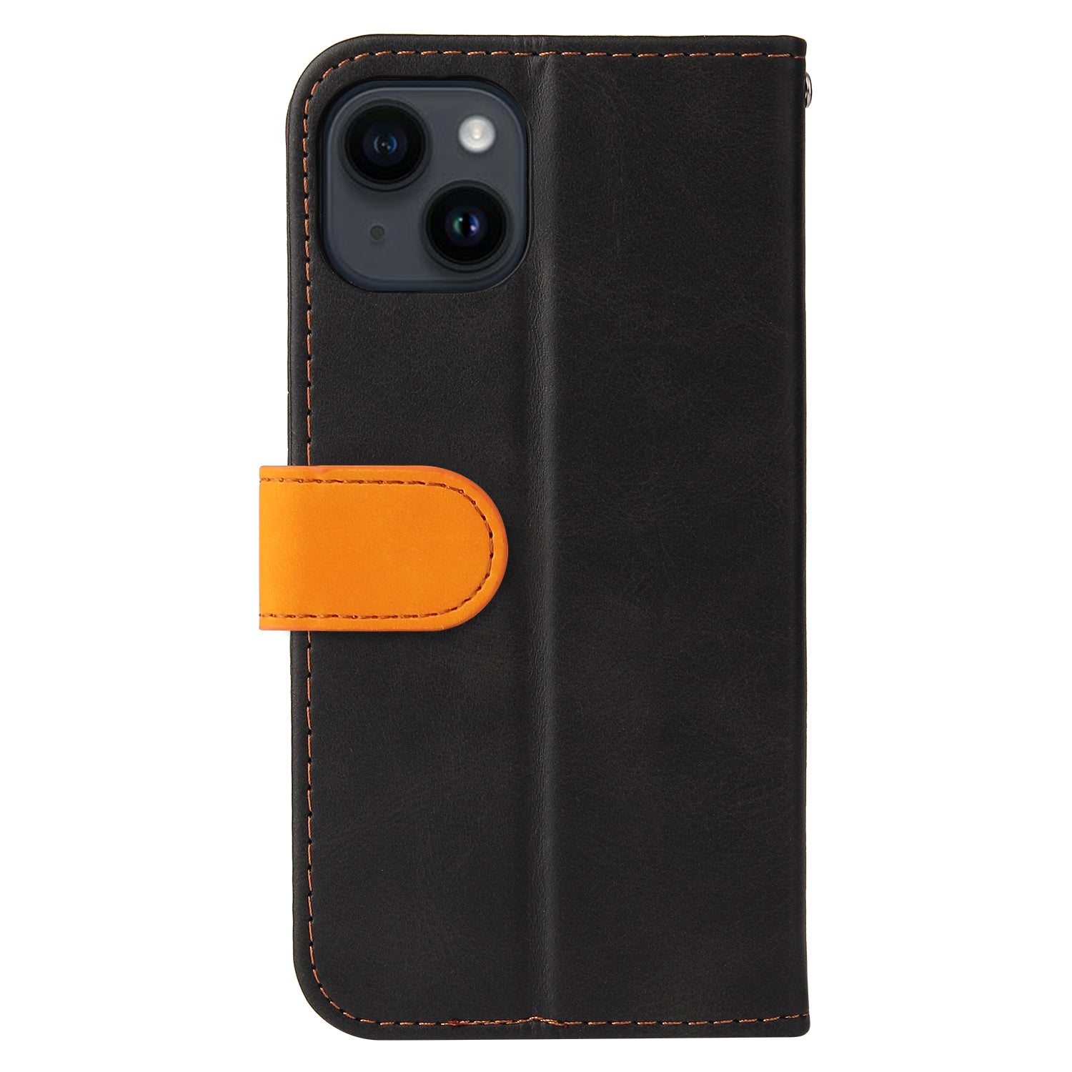 Phone Wallet Cover for iPhone 15 Business Style PU Leather Dual-color Splicing Flip Stand Anti-drop Case - Orange