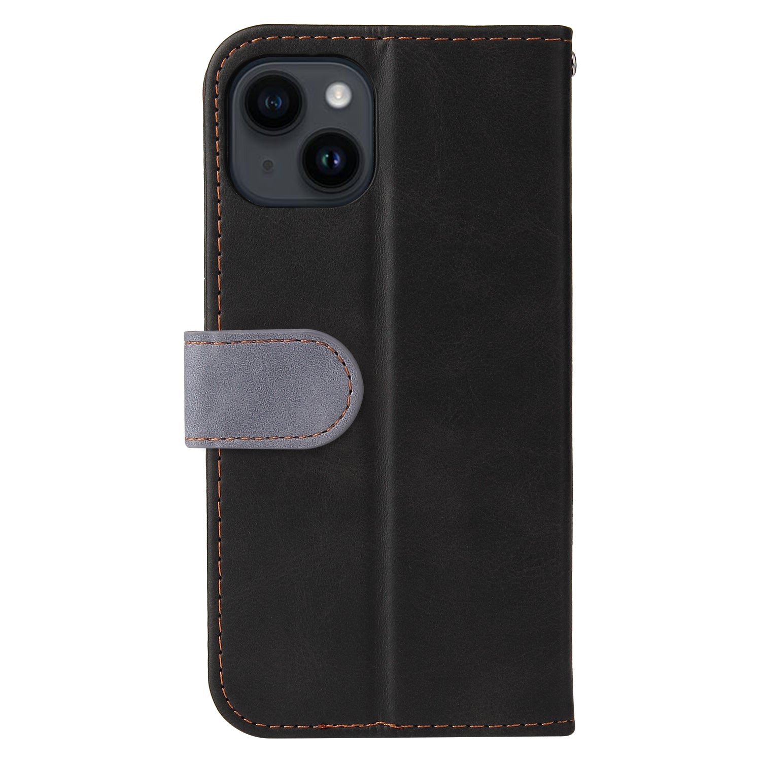 Phone Wallet Cover for iPhone 15 Business Style PU Leather Dual-color Splicing Flip Stand Anti-drop Case - Grey