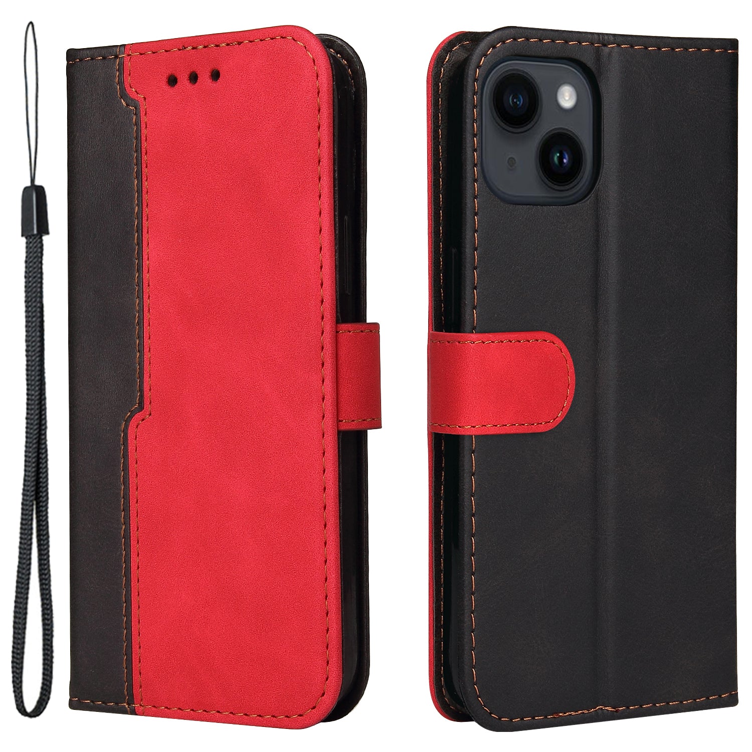 Phone Wallet Cover for iPhone 15 Business Style PU Leather Dual-color Splicing Flip Stand Anti-drop Case - Red