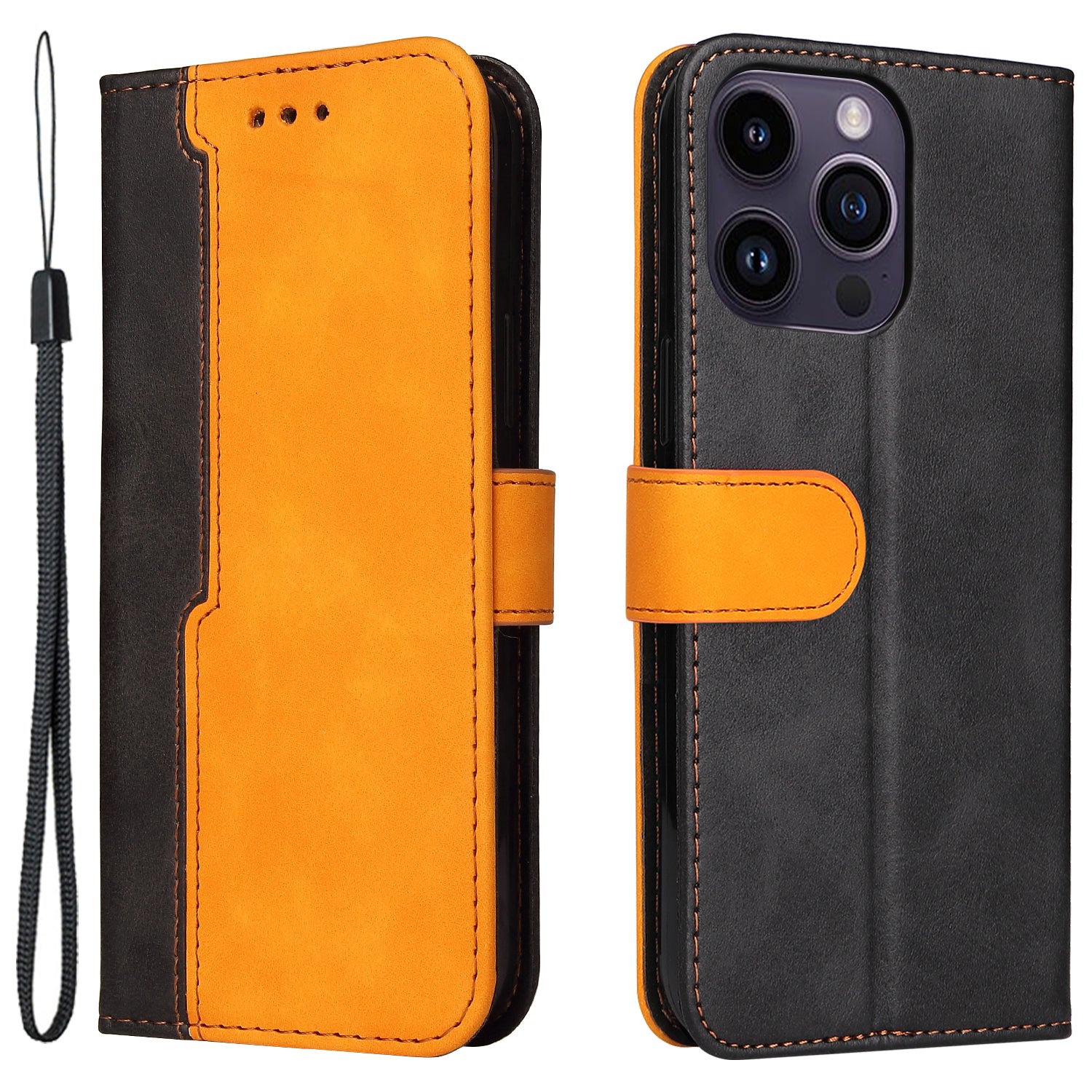 Stand Wallet Shell for iPhone 15 Ultra Business Style Phone Case Dual-color Splicing PU Leather Cover - Orange