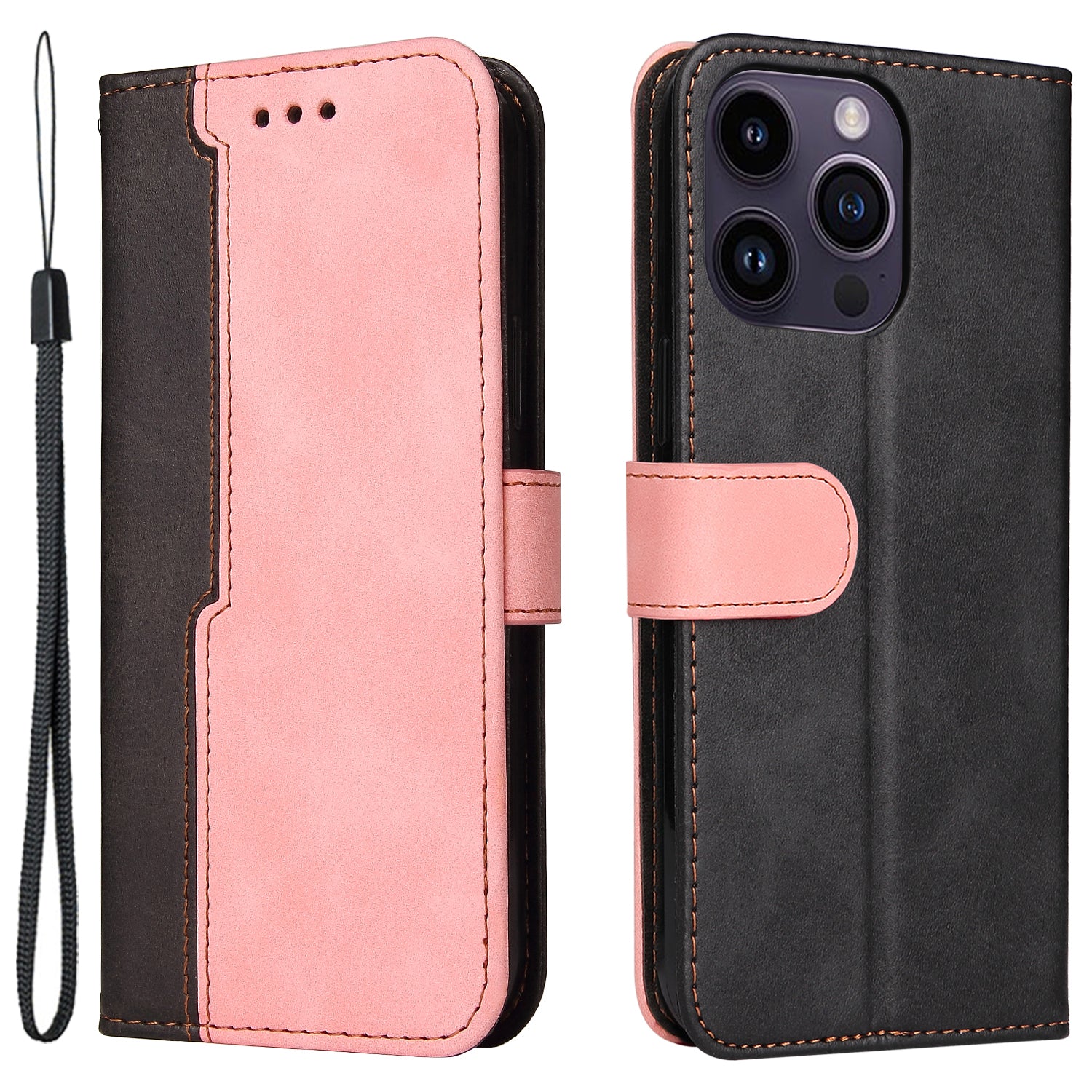 Stand Wallet Shell for iPhone 15 Ultra Business Style Phone Case Dual-color Splicing PU Leather Cover - Pink
