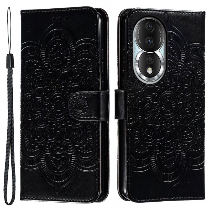 Uniqkart for Honor 80 5G Flip Phone Cover Imprinting Mandala Flower Anti-scratch PU Leather+TPU Stand Magnetic Case - Black