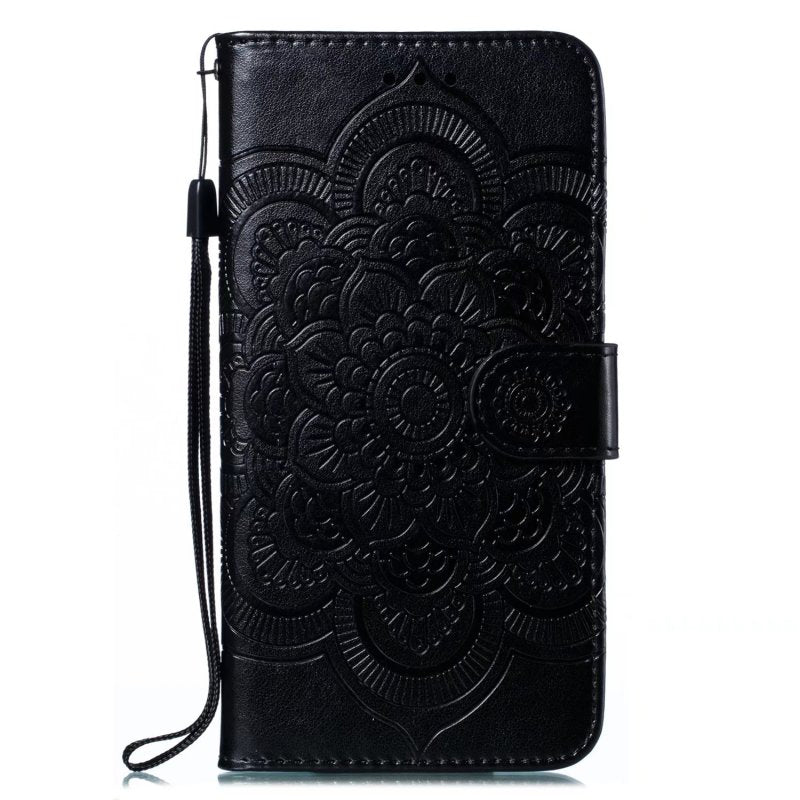 Uniqkart for Honor 80 5G Flip Phone Cover Imprinting Mandala Flower Anti-scratch PU Leather+TPU Stand Magnetic Case - Black