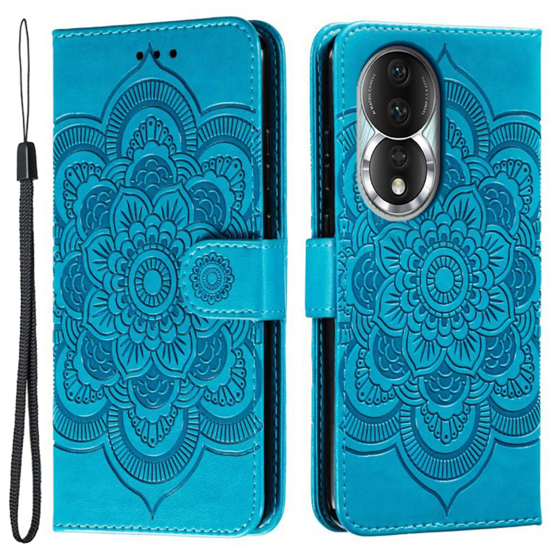 Uniqkart for Honor 80 5G Flip Phone Cover Imprinting Mandala Flower Anti-scratch PU Leather+TPU Stand Magnetic Case - Blue