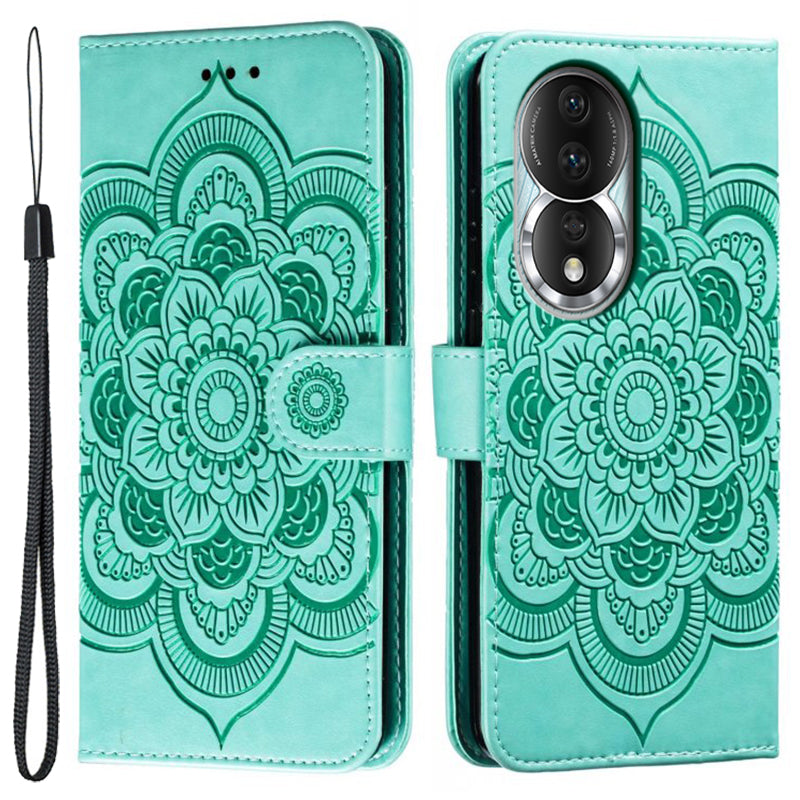 Uniqkart for Honor 80 5G Flip Phone Cover Imprinting Mandala Flower Anti-scratch PU Leather+TPU Stand Magnetic Case - Green