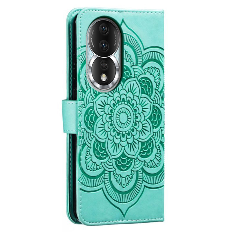 Uniqkart for Honor 80 5G Flip Phone Cover Imprinting Mandala Flower Anti-scratch PU Leather+TPU Stand Magnetic Case - Green