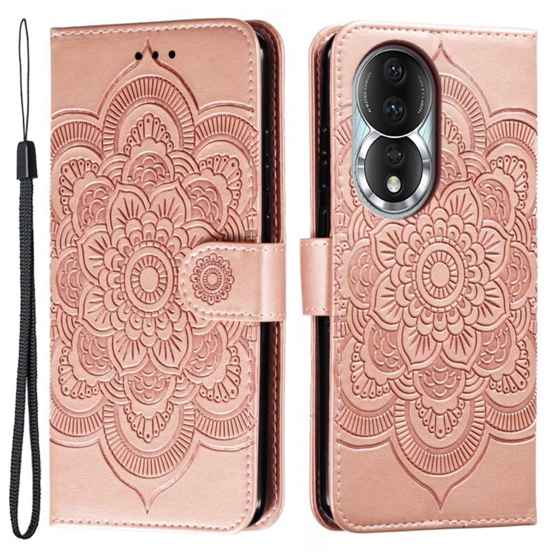 Uniqkart for Honor 80 5G Flip Phone Cover Imprinting Mandala Flower Anti-scratch PU Leather+TPU Stand Magnetic Case - Rose Gold