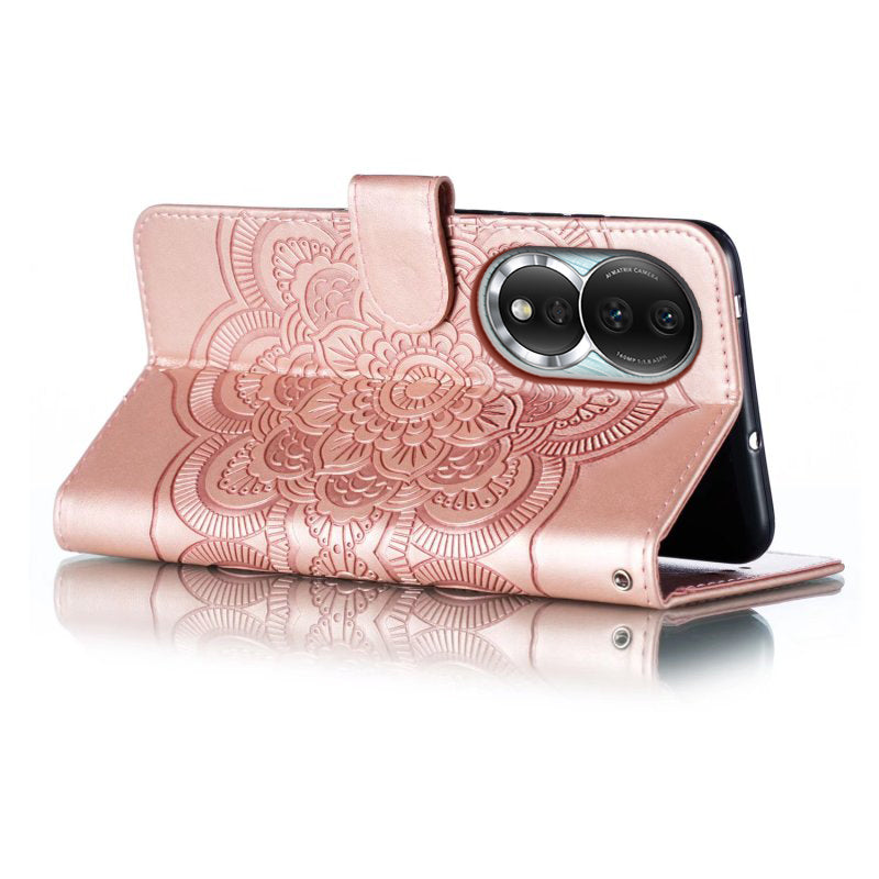 Uniqkart for Honor 80 5G Flip Phone Cover Imprinting Mandala Flower Anti-scratch PU Leather+TPU Stand Magnetic Case - Rose Gold