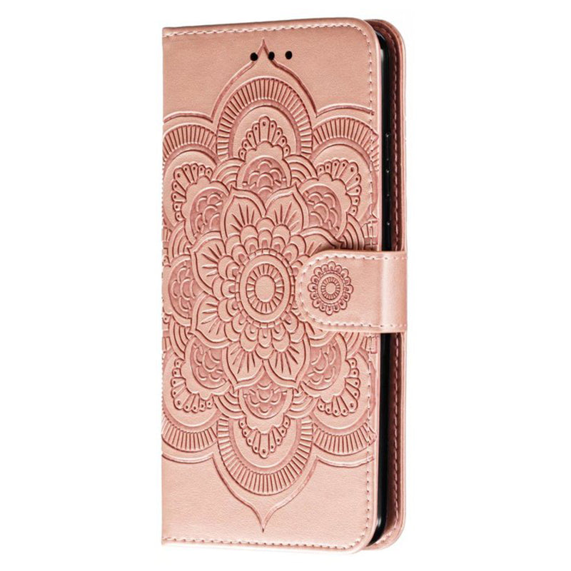 Uniqkart for Honor 80 5G Flip Phone Cover Imprinting Mandala Flower Anti-scratch PU Leather+TPU Stand Magnetic Case - Rose Gold