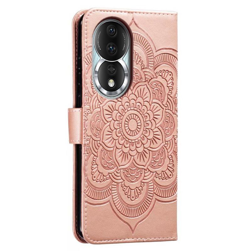 Uniqkart for Honor 80 5G Flip Phone Cover Imprinting Mandala Flower Anti-scratch PU Leather+TPU Stand Magnetic Case - Rose Gold