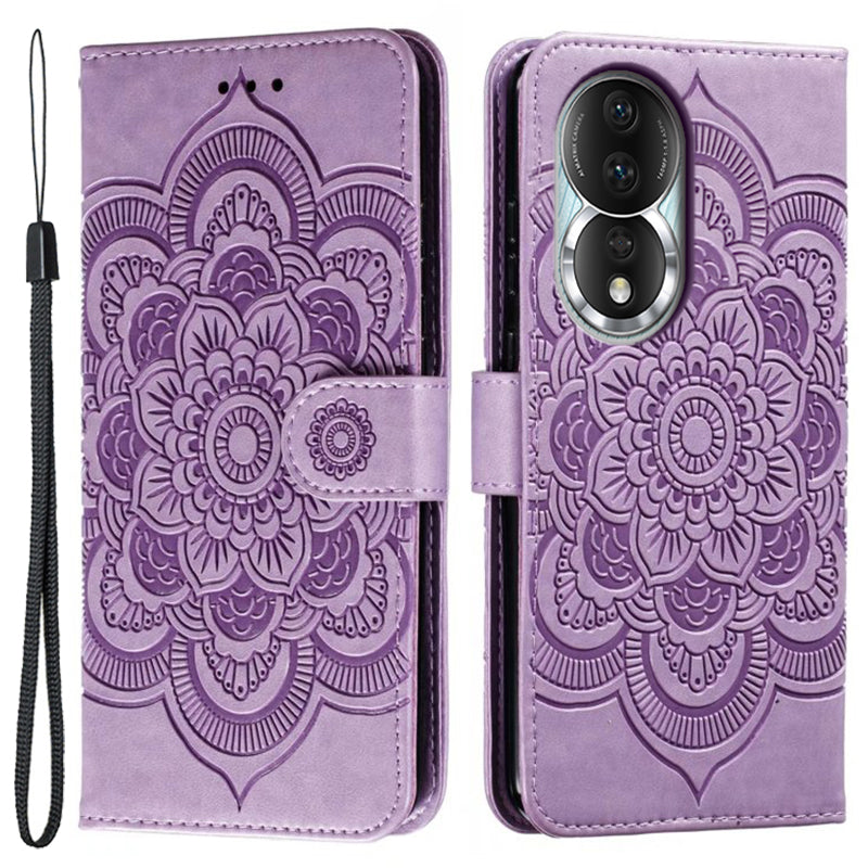 Uniqkart for Honor 80 5G Flip Phone Cover Imprinting Mandala Flower Anti-scratch PU Leather+TPU Stand Magnetic Case - Purple