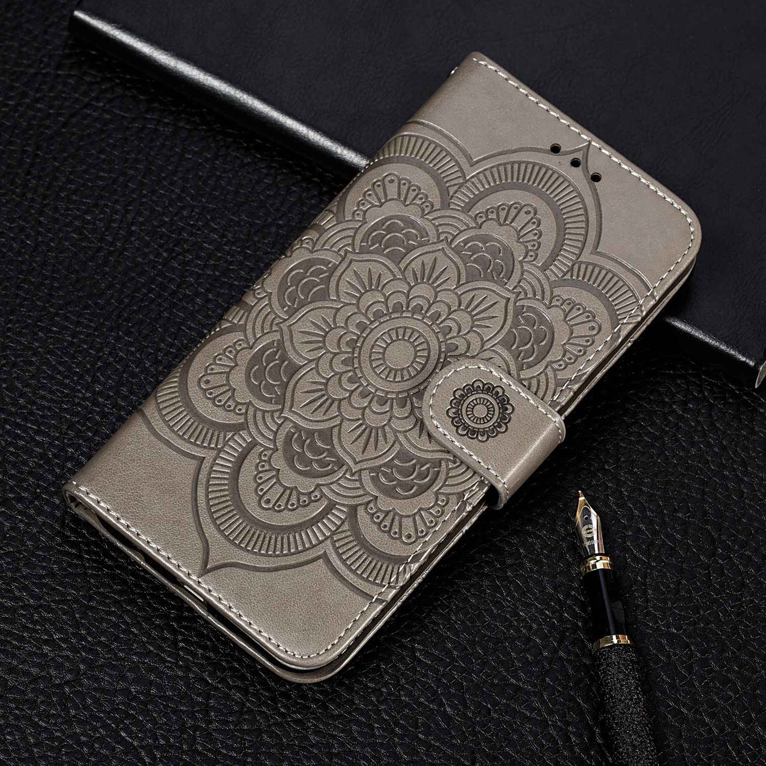 Uniqkart for Honor 80 5G Flip Phone Cover Imprinting Mandala Flower Anti-scratch PU Leather+TPU Stand Magnetic Case - Grey