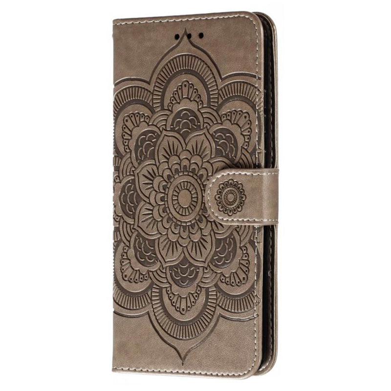 Uniqkart for Honor 80 5G Flip Phone Cover Imprinting Mandala Flower Anti-scratch PU Leather+TPU Stand Magnetic Case - Grey