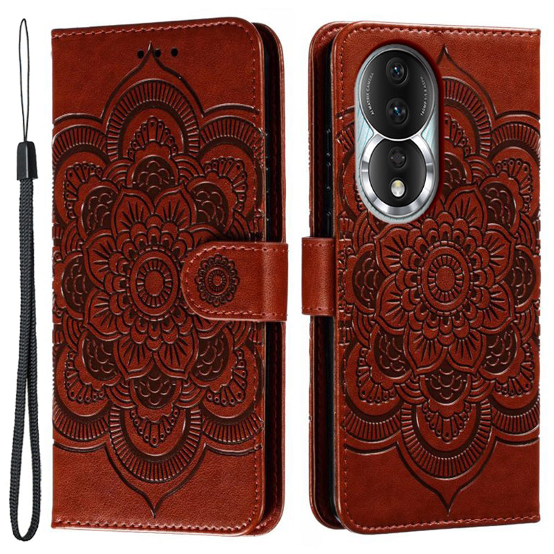 Uniqkart for Honor 80 5G Flip Phone Cover Imprinting Mandala Flower Anti-scratch PU Leather+TPU Stand Magnetic Case - Brown