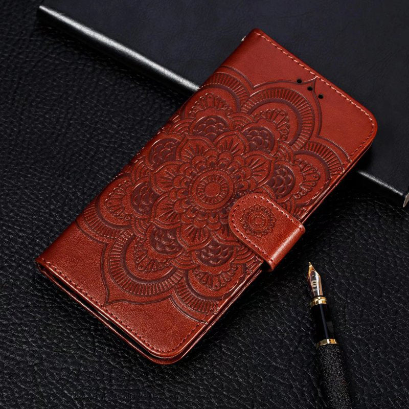 Uniqkart for Honor 80 5G Flip Phone Cover Imprinting Mandala Flower Anti-scratch PU Leather+TPU Stand Magnetic Case - Brown
