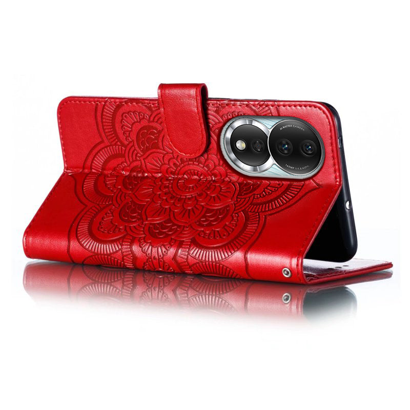 Uniqkart for Honor 80 5G Flip Phone Cover Imprinting Mandala Flower Anti-scratch PU Leather+TPU Stand Magnetic Case - Red