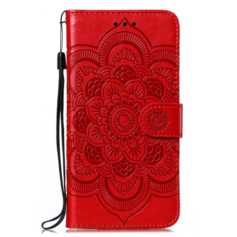 Uniqkart for Honor 80 5G Flip Phone Cover Imprinting Mandala Flower Anti-scratch PU Leather+TPU Stand Magnetic Case - Red