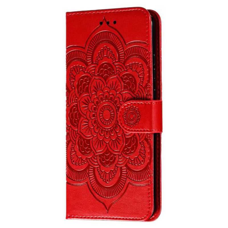 Uniqkart for Honor 80 5G Flip Phone Cover Imprinting Mandala Flower Anti-scratch PU Leather+TPU Stand Magnetic Case - Red