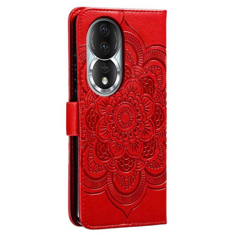 Uniqkart for Honor 80 5G Flip Phone Cover Imprinting Mandala Flower Anti-scratch PU Leather+TPU Stand Magnetic Case - Red