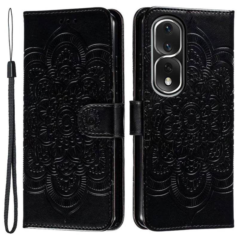 Uniqkart for Honor 80 Pro 5G PU Leather Wallet Stand Phone Cover Imprinting Mandala Flower Protective Case - Black