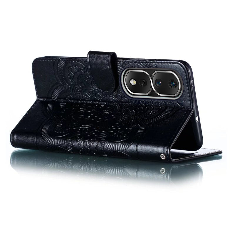 Uniqkart for Honor 80 Pro 5G PU Leather Wallet Stand Phone Cover Imprinting Mandala Flower Protective Case - Black