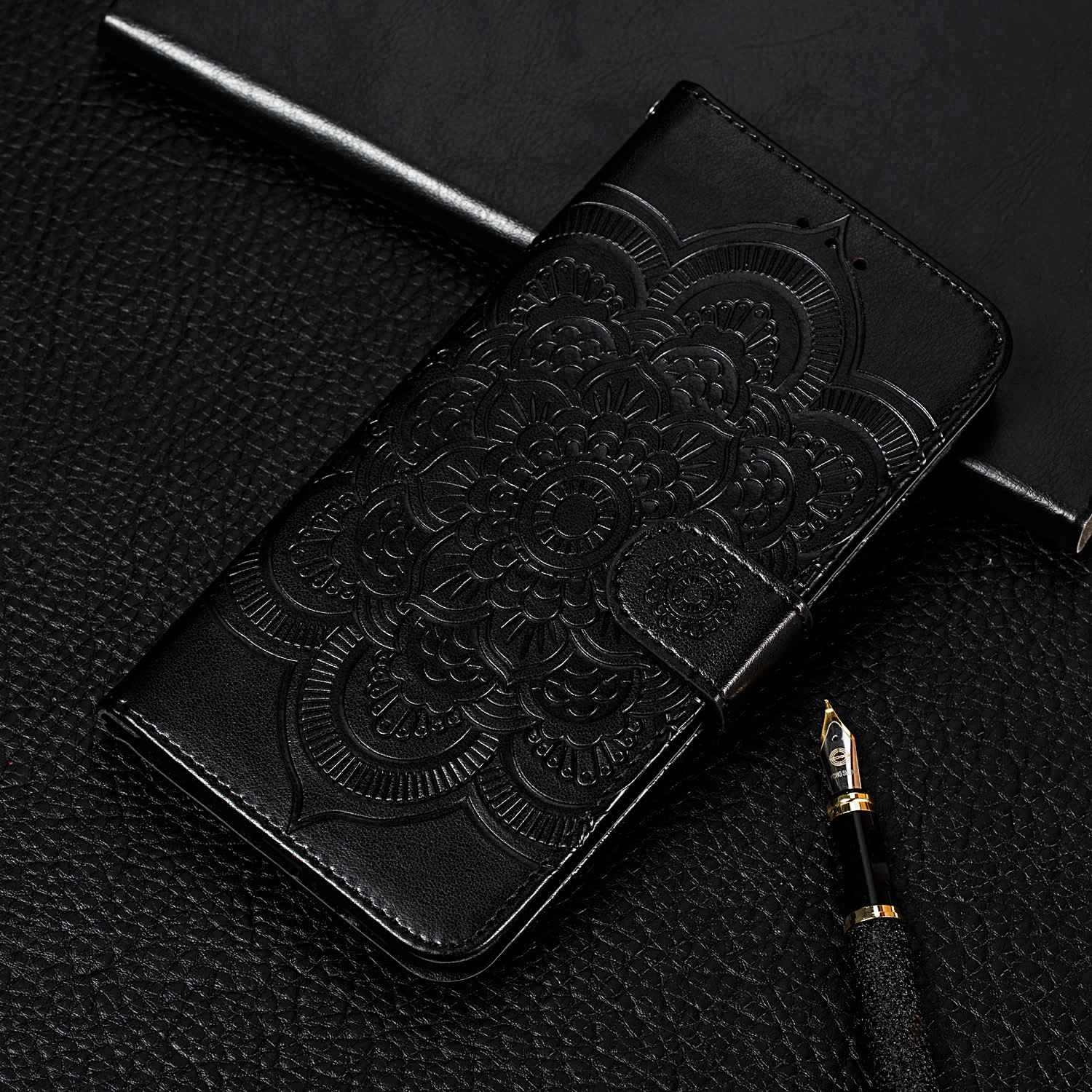 Uniqkart for Honor 80 Pro 5G PU Leather Wallet Stand Phone Cover Imprinting Mandala Flower Protective Case - Black