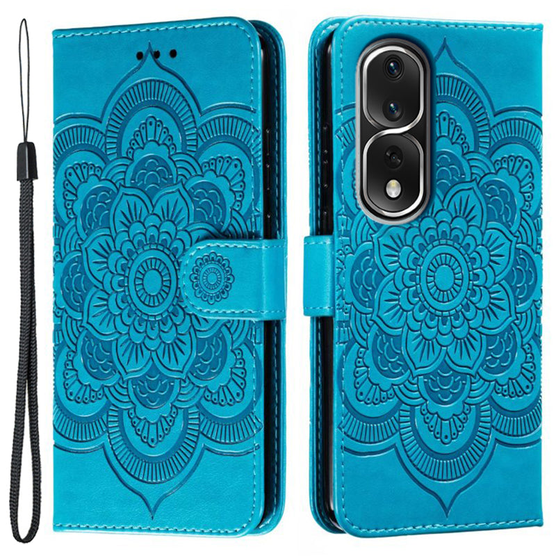 Uniqkart for Honor 80 Pro 5G PU Leather Wallet Stand Phone Cover Imprinting Mandala Flower Protective Case - Blue
