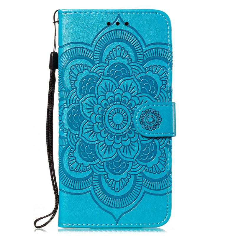 Uniqkart for Honor 80 Pro 5G PU Leather Wallet Stand Phone Cover Imprinting Mandala Flower Protective Case - Blue