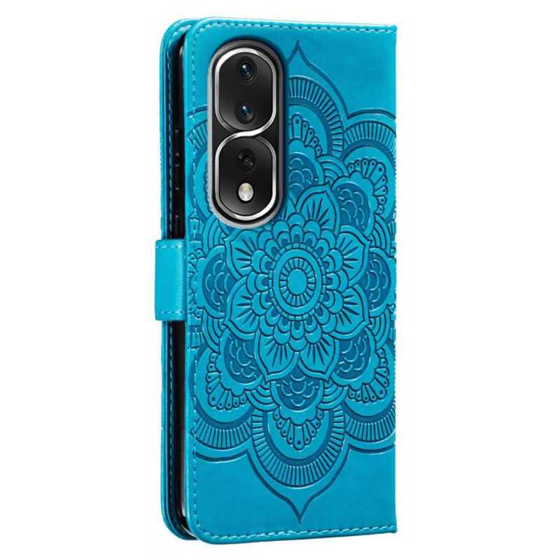 Uniqkart for Honor 80 Pro 5G PU Leather Wallet Stand Phone Cover Imprinting Mandala Flower Protective Case - Blue