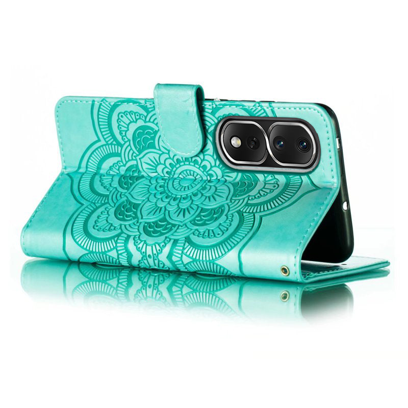 Uniqkart for Honor 80 Pro 5G PU Leather Wallet Stand Phone Cover Imprinting Mandala Flower Protective Case - Green