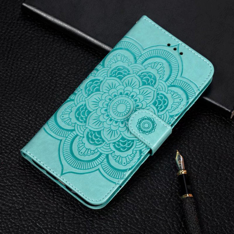 Uniqkart for Honor 80 Pro 5G PU Leather Wallet Stand Phone Cover Imprinting Mandala Flower Protective Case - Green