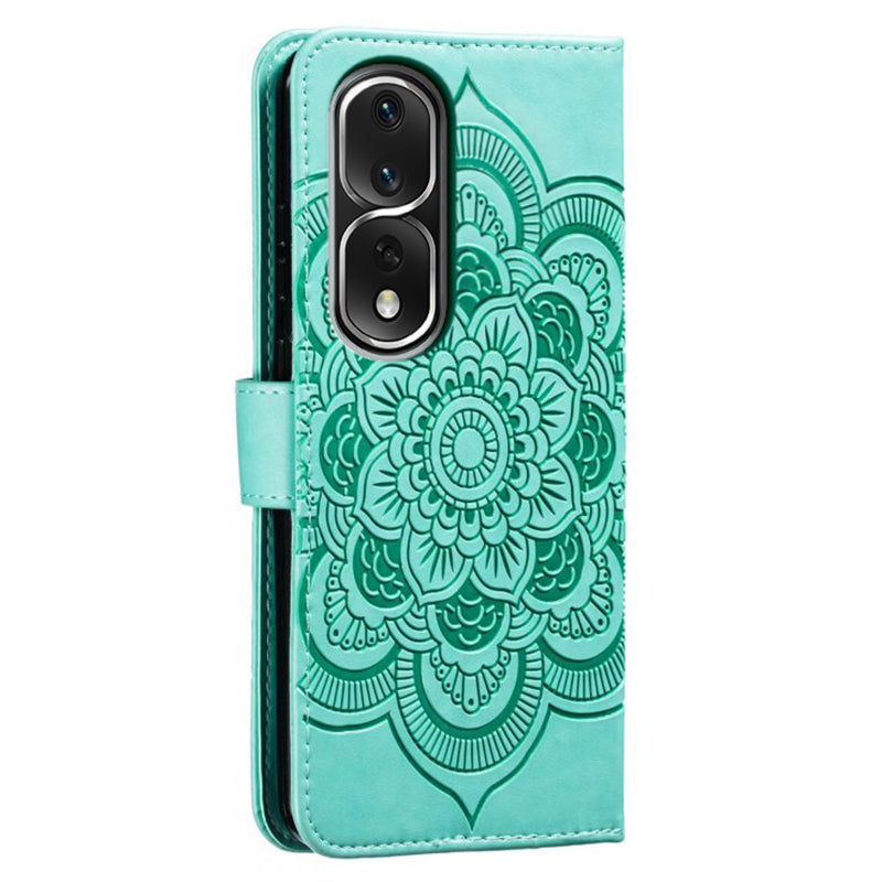 Uniqkart for Honor 80 Pro 5G PU Leather Wallet Stand Phone Cover Imprinting Mandala Flower Protective Case - Green