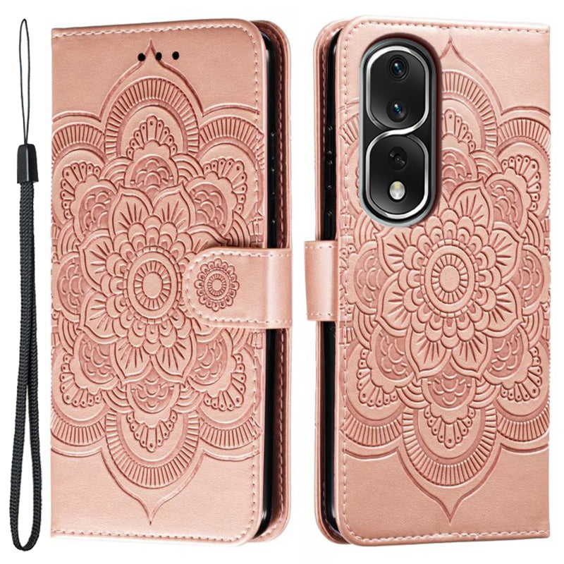 Uniqkart for Honor 80 Pro 5G PU Leather Wallet Stand Phone Cover Imprinting Mandala Flower Protective Case - Rose Gold