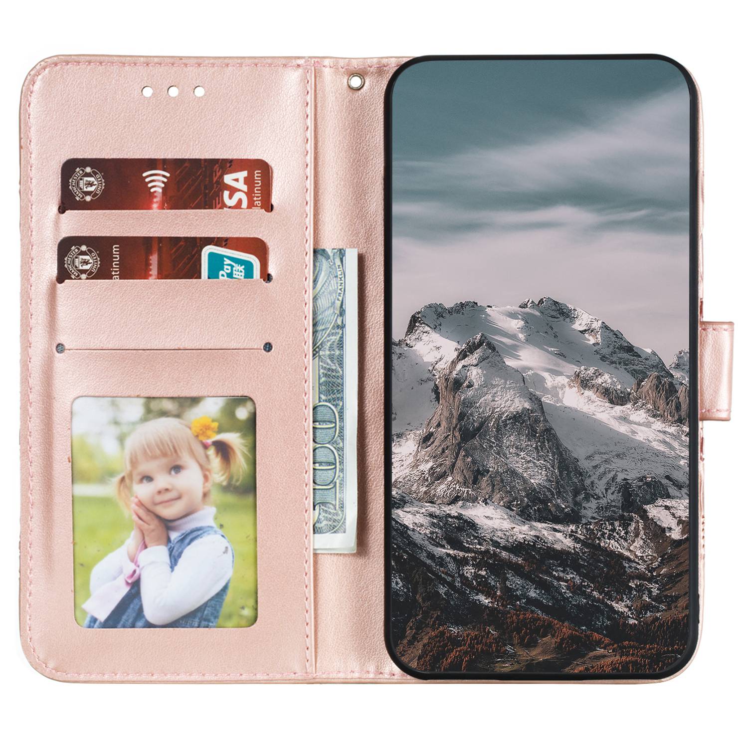 Uniqkart for Honor 80 Pro 5G PU Leather Wallet Stand Phone Cover Imprinting Mandala Flower Protective Case - Rose Gold